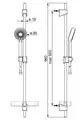 Wandstangengarnitur in Chrom-Optik von HANSA mit Handbrause und variabler Halterung. Zeichnung mit Abmessungen und Montageoptionen zur Installation.